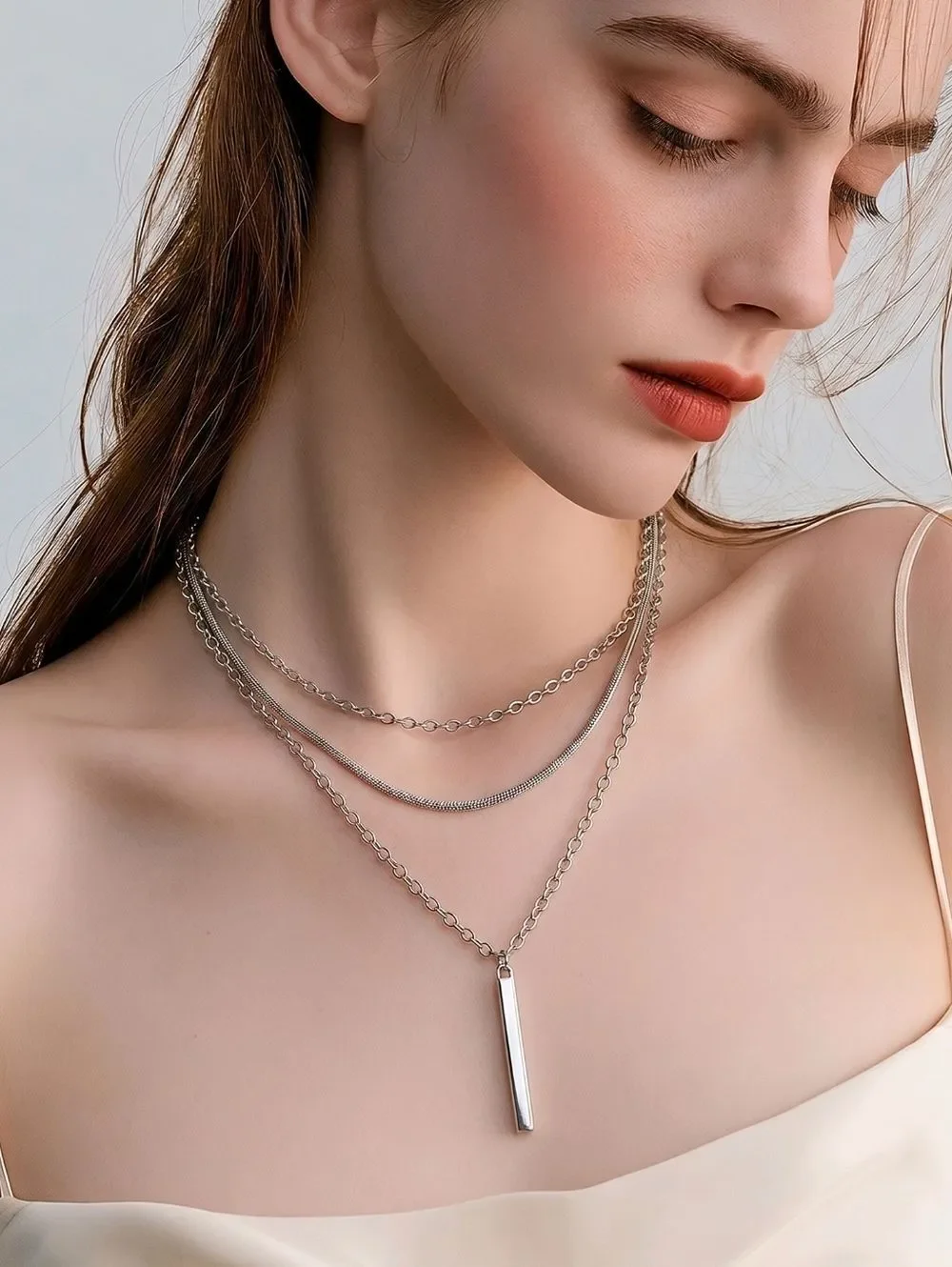 Sleek Silver Bar Pendant Multi-Layer Necklace Snake & Cable Chains Stacked NWT